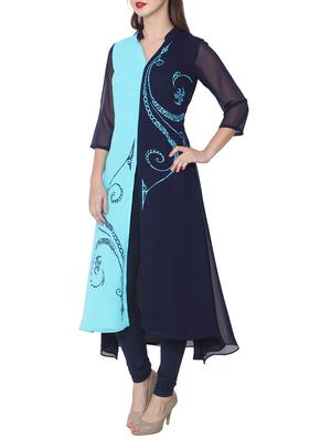 blue poly georgette printed a-line kurta - 13443580 - Standard Image - 2