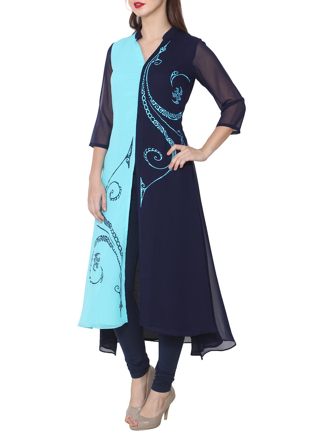 blue poly georgette printed a-line kurta - 13443580 - Zoom Image - 2