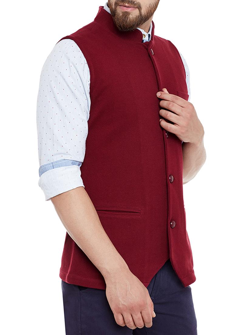 cherry red cotton nehru jacket - 13444713 - Zoom Image - 2
