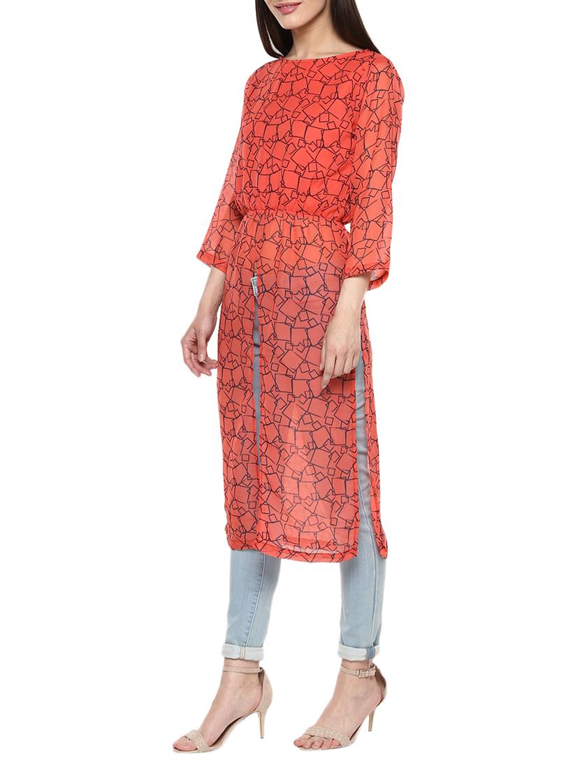 red georgette high slit kurta - 13451439 - Zoom Image - 2