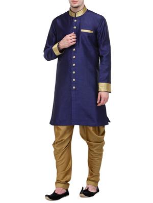 navy blue silk blend sherwani ethnic wear set - 13468563 - Standard Image - 2