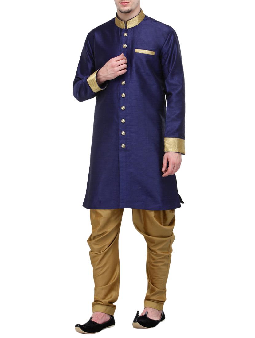 navy blue silk blend sherwani ethnic wear set - 13468563 - Zoom Image - 2