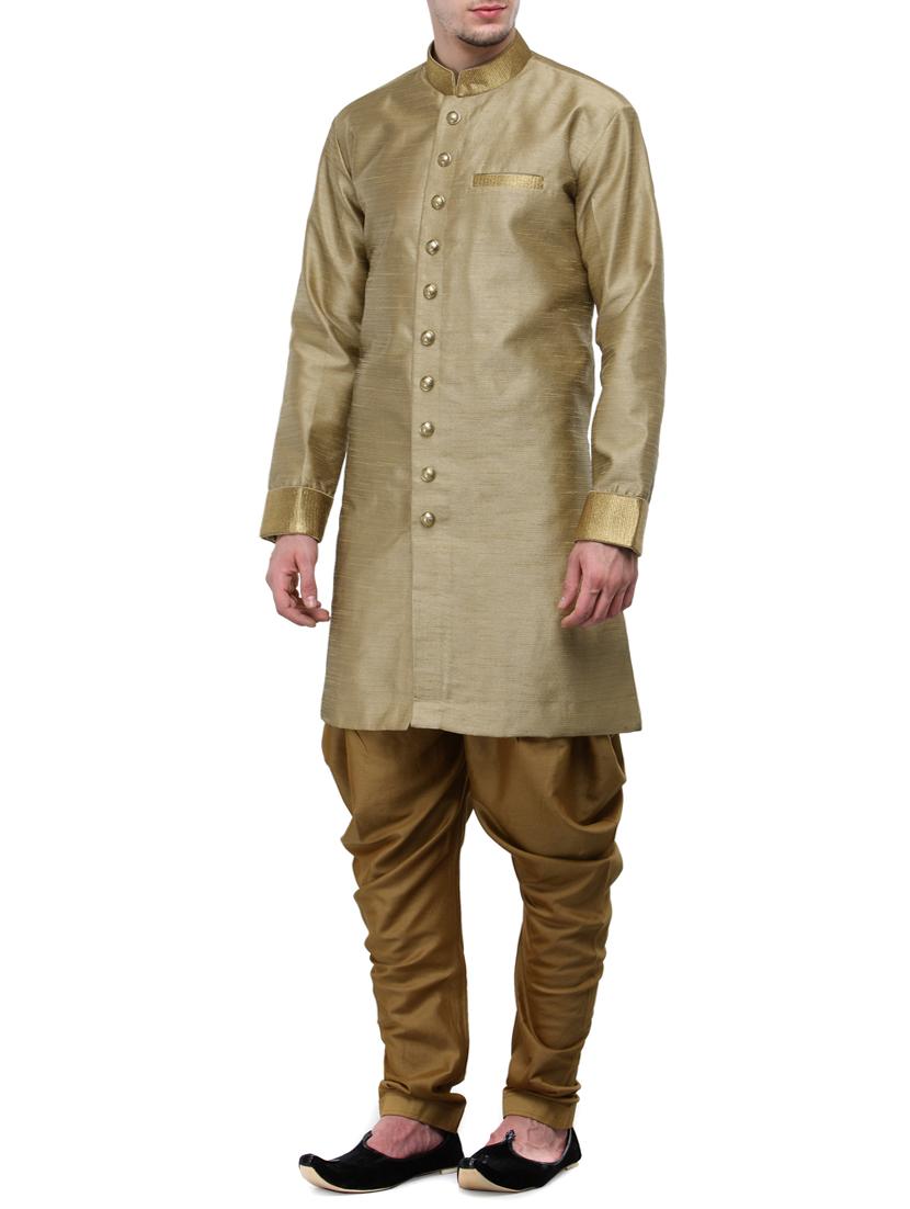 khaki silk blend sherwani ethnic wear set - 13468576 - Zoom Image - 2