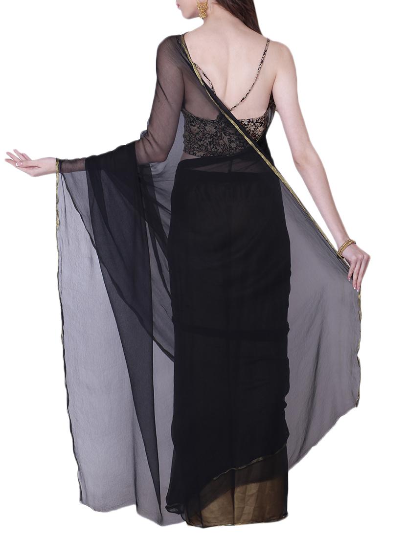 black chiffon plain saree with blouse - 13479680 - Zoom Image - 2