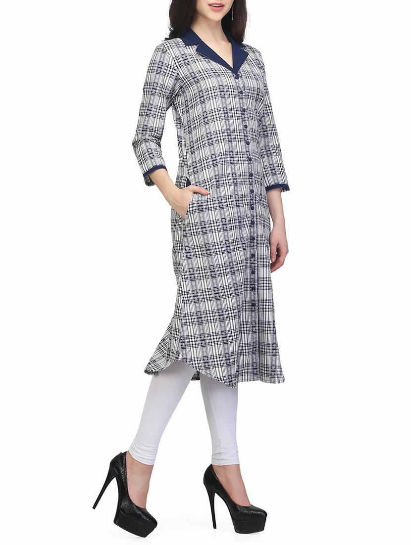 blue cotton aline kurta - 13480143 - Zoom Image - 2