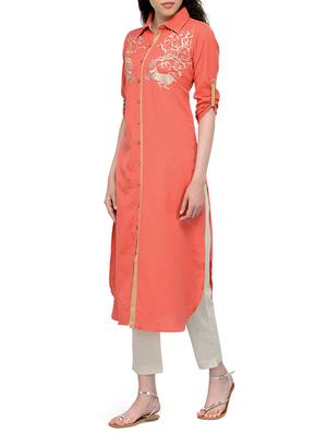 peach cotton straight kurta - 13549949 - Standard Image - 2