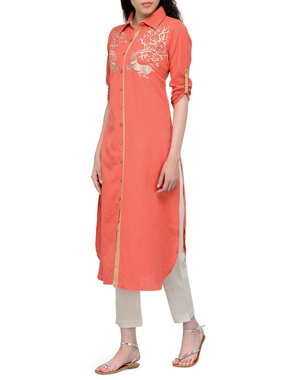 peach cotton straight kurta - 13549949 - Zoom Image - 2