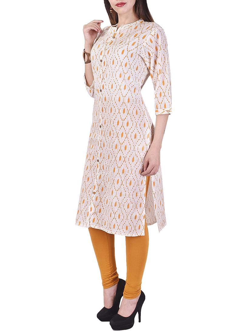 cream cotton ikat printed straight kurta - 13656110 - Zoom Image - 2