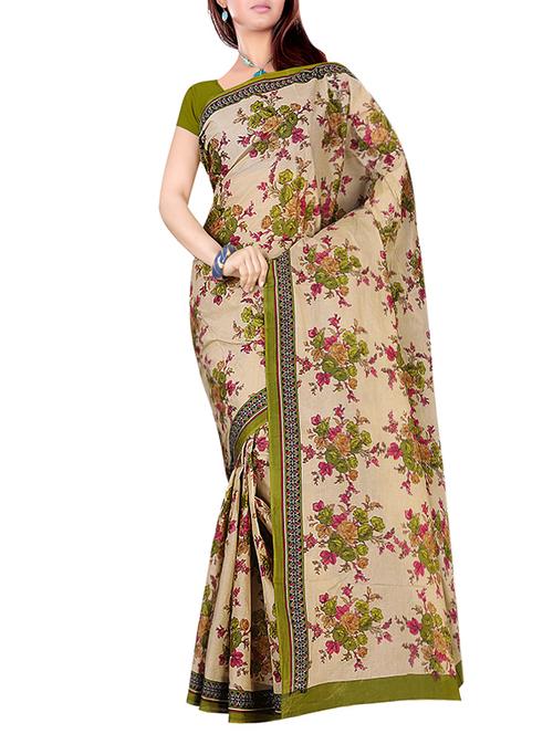 Beige Cotton Printed Saree - 13713745 - Very Small Image - 1