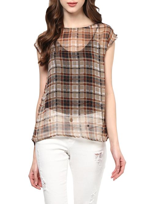 round neck sheer checkered top - 13741096 - Standard Image - 1