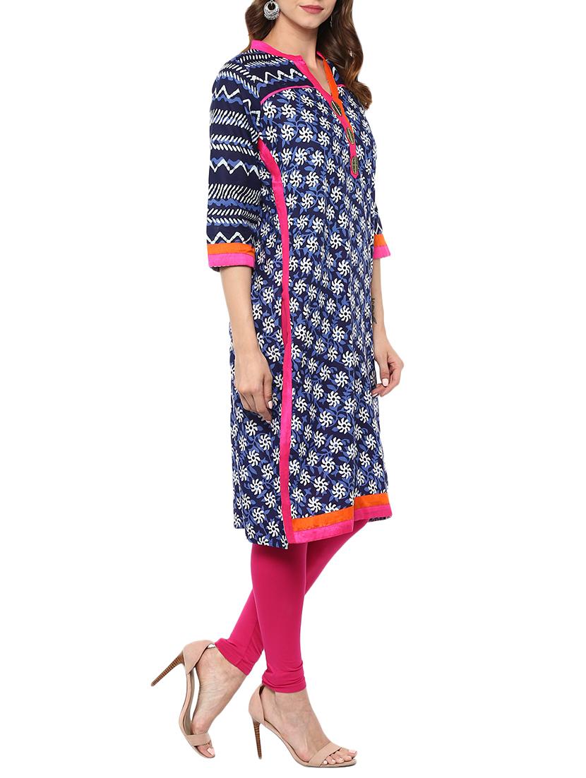 blue cotton printed straight kurta - 13750806 - Zoom Image - 2