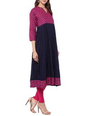 blue cotton printed a-line kurta - 13750811 - Standard Image - 2