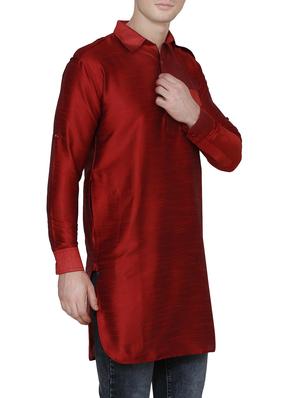solid red silk blend kurta - 13882658 - Standard Image - 2