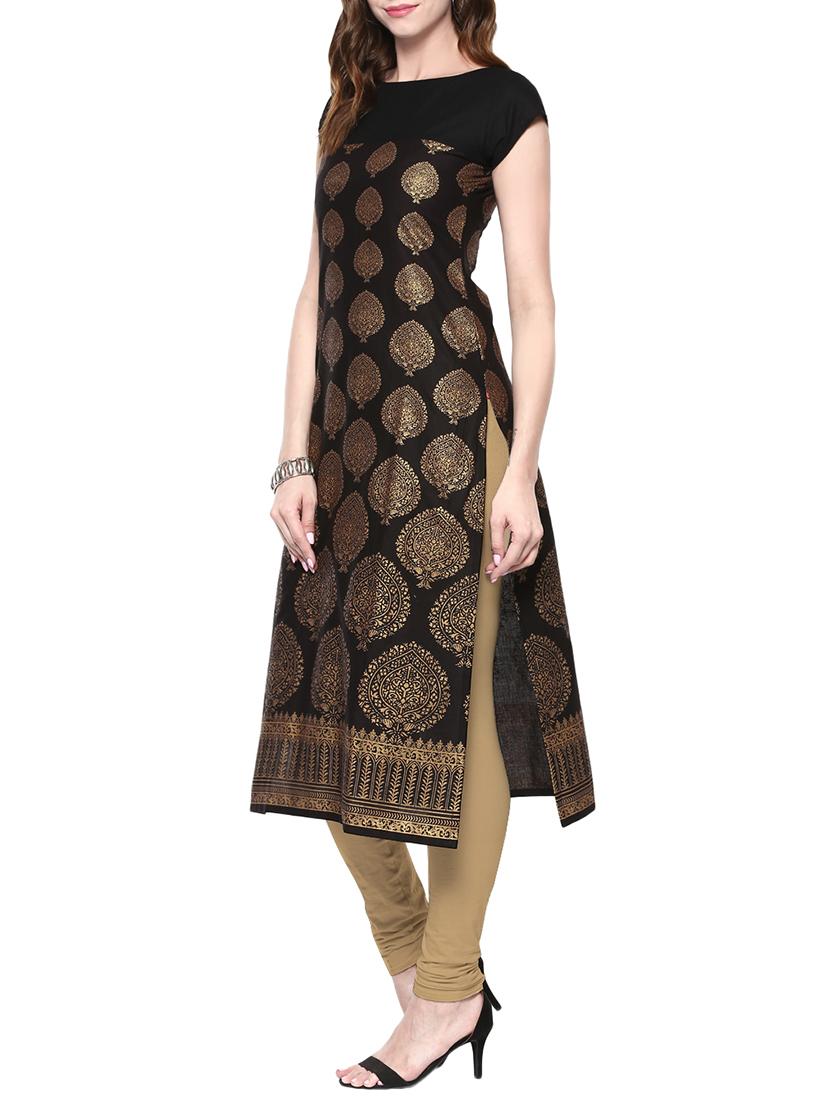 black cotton printed straight kurta - 13885098 - Zoom Image - 2