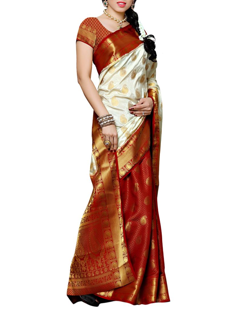 white and red kanjivaram silk saree with blouse - 13885563 - Zoom Image - 2