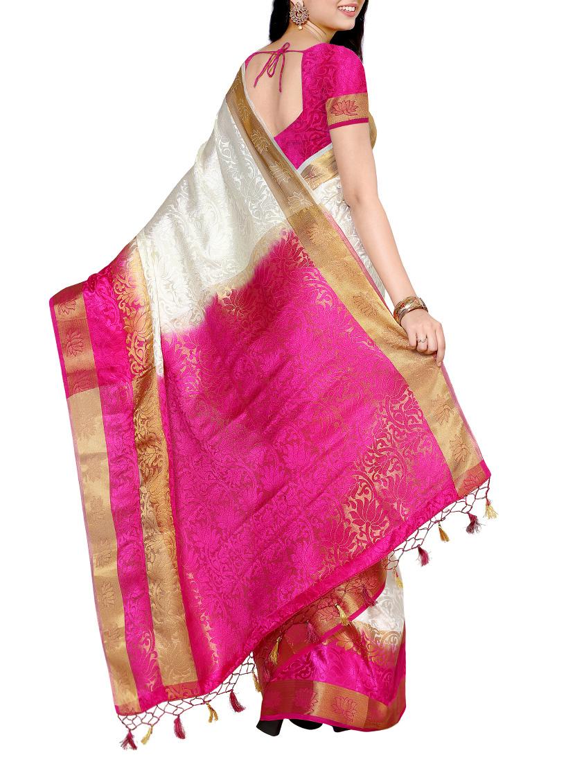 white silk woven saree with blouse - 13885663 - Zoom Image - 2
