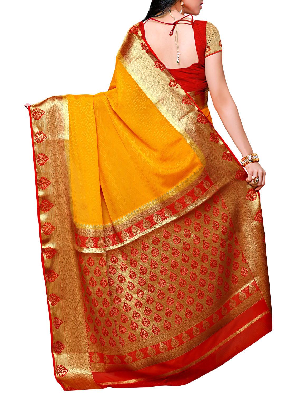 yellow crepe kanjivaram saree with blouse - 13885784 - Zoom Image - 2