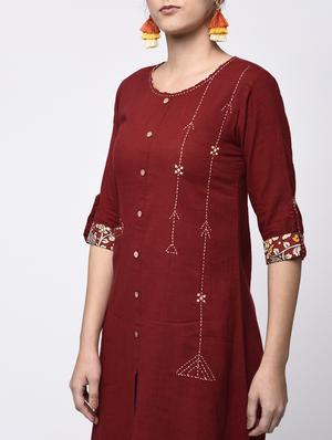 maroon cotton highlow kurta - 13906881 - Standard Image - 2