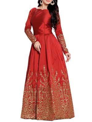 red silk embroidered anarkali semi-stitched suit - 13972987 - Standard Image - 2