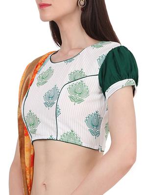 White & green cotton block printed stitched blouse - 13993950 - Standard Image - 2