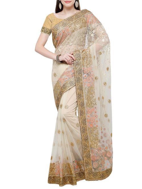 beige net embroidered saree with blouse - 13997697 - Very Small Image - 1