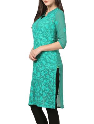 green georgette embroidered straight kurta - 14040882 - Standard Image - 2