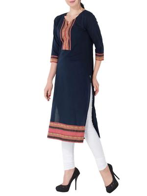 blue cotton straight kurta - 14050892 - Standard Image - 2