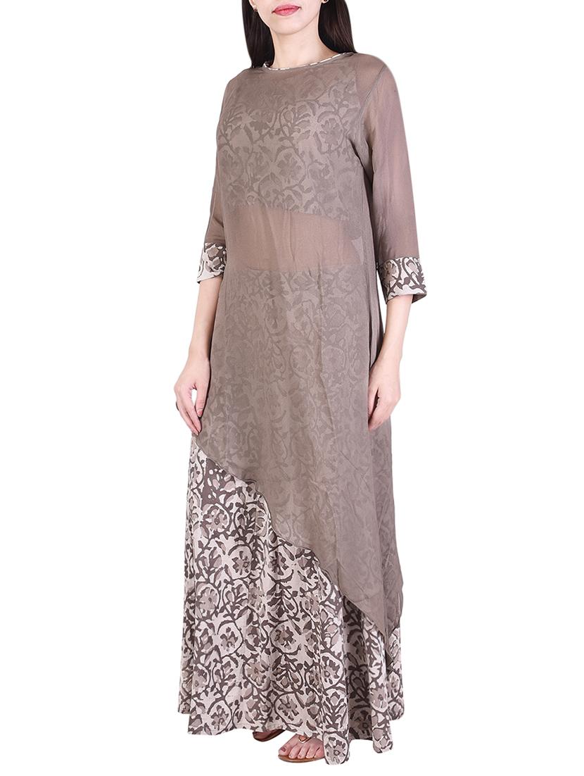 brown georgette asymmetrical kurta with inner and palazzo set - 14053149 - Zoom Image - 2