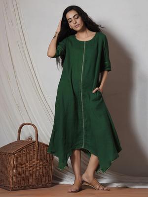 Green cotton asymmetric dress with pocket - 14068668 - Standard Image - 2