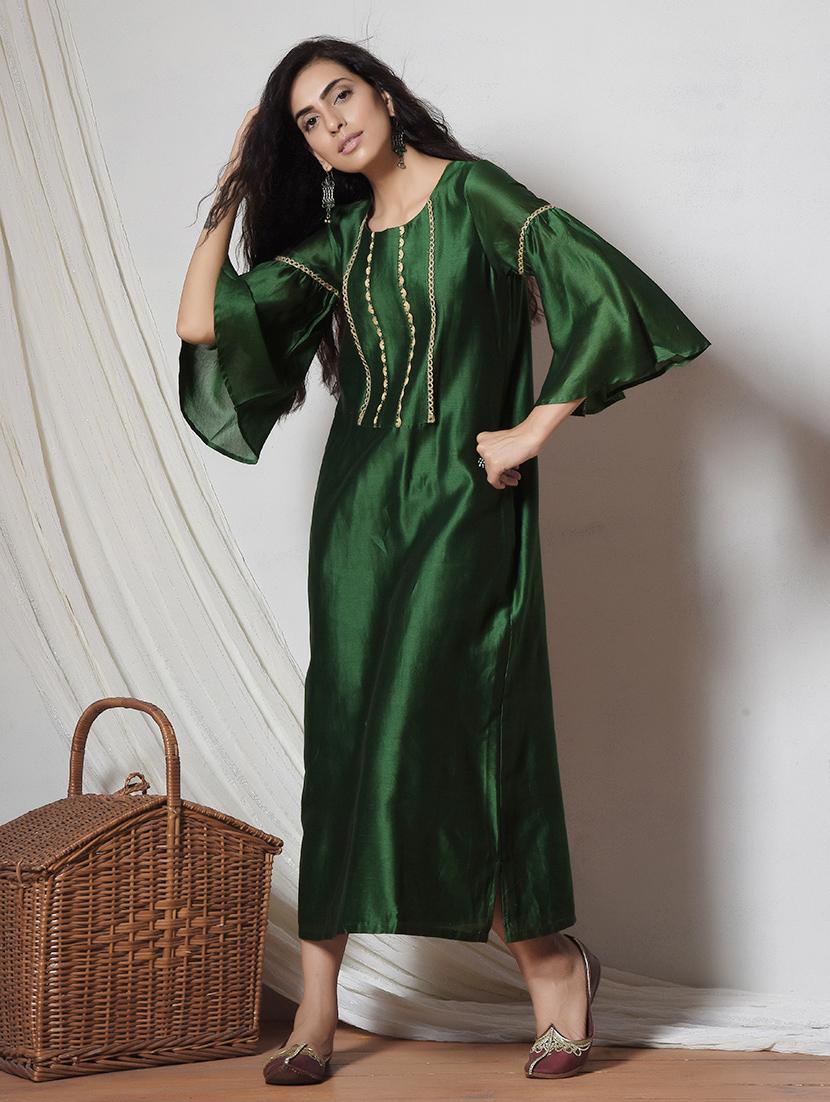 Green chanderi silk kurta - 14068669 - Zoom Image - 2