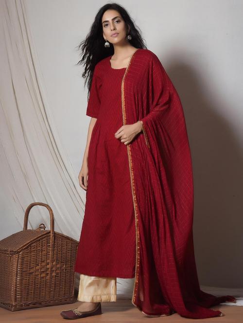 Red cotton stitched palazzo suit - 14068698 - Very Small Image - 1