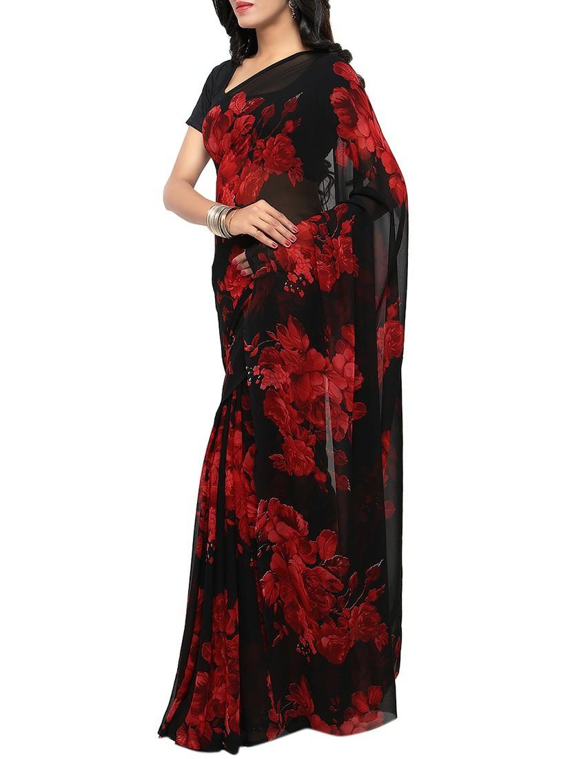 black georgette printed saree with blouse - 14075415 - Zoom Image - 2