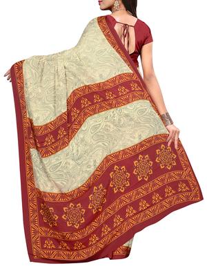 beige crepe printed saree with blouse - 14087925 - Standard Image - 2