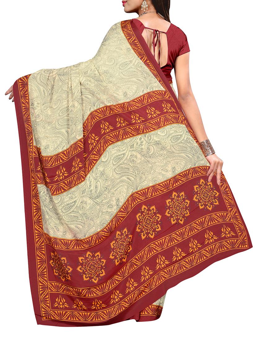 beige crepe printed saree with blouse - 14087925 - Zoom Image - 2
