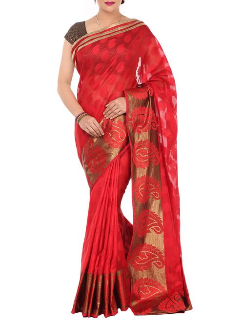 red woven saree with blouse - 14089553 - Standard Image - 1