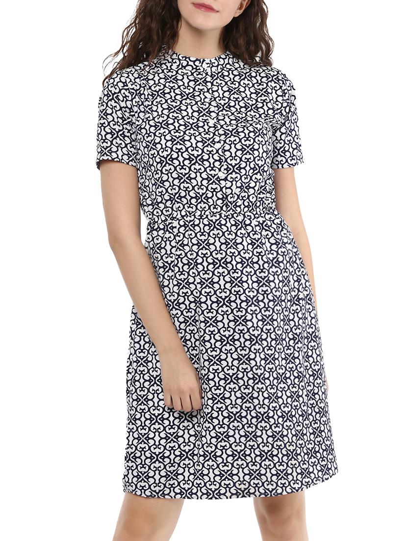 navy blue printed crepe a-line dress - 14096624 - Zoom Image - 2