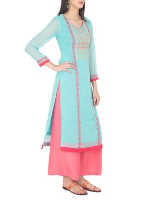 Turquoise georgette straight kurta - 14105157 - Standard Image - 2