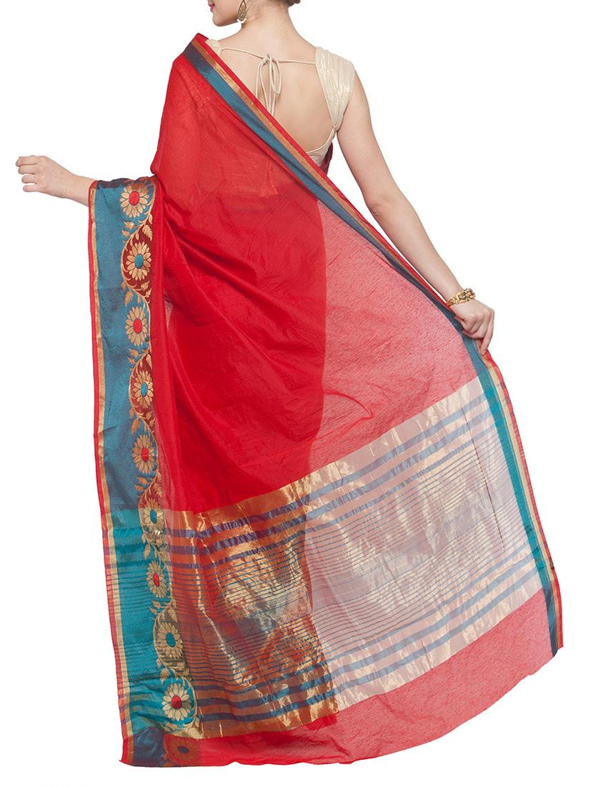 red cotton silk bordered saree with blouse - 14114994 - Zoom Image - 2