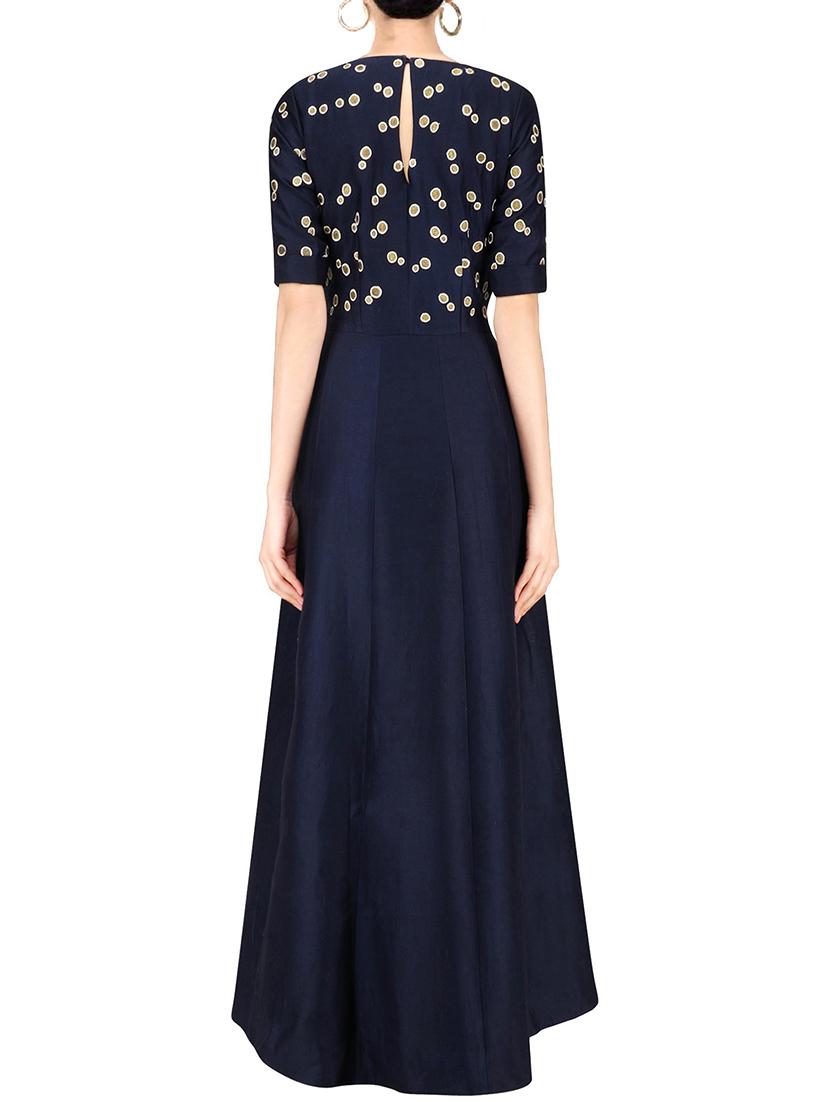 navy blue silk blend a-line gown - 14122790 - Zoom Image - 2