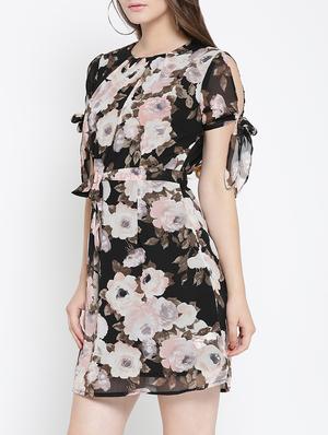 black floral printed belted dress - 14122906 - Standard Image - 2