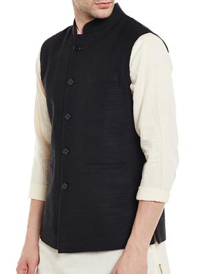 black cotton khadi nehru jacket - 14125416 - Standard Image - 2