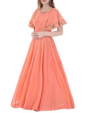 orange solid chanderi silk gown dress - 14128554 - Standard Image - 2