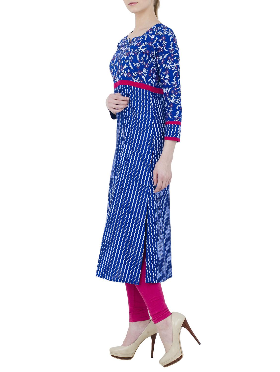 blue cotton straight kurta - 14136137 - Zoom Image - 2