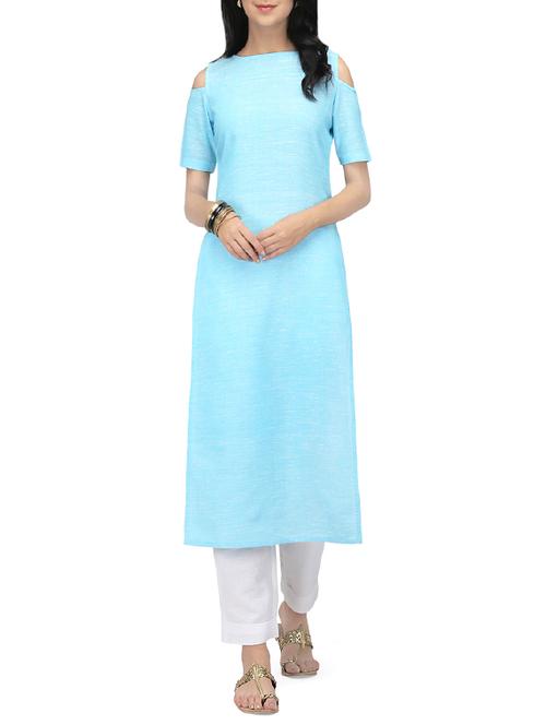 Turquoise khadi straight kurta - 14147641 - Very Small Image - 1