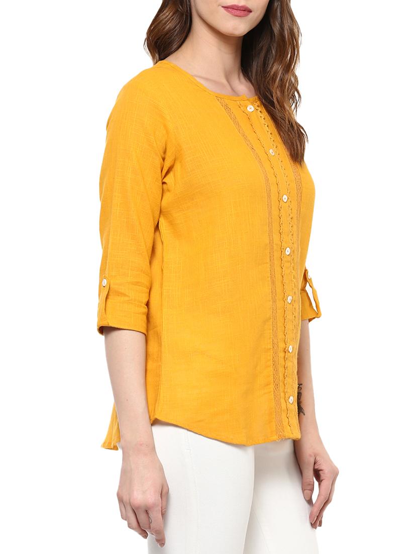 yellow cotton straight kurti - 14150727 - Zoom Image - 2