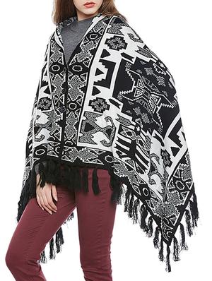 fringe hem printed woolen poncho - 14173127 - Standard Image - 2