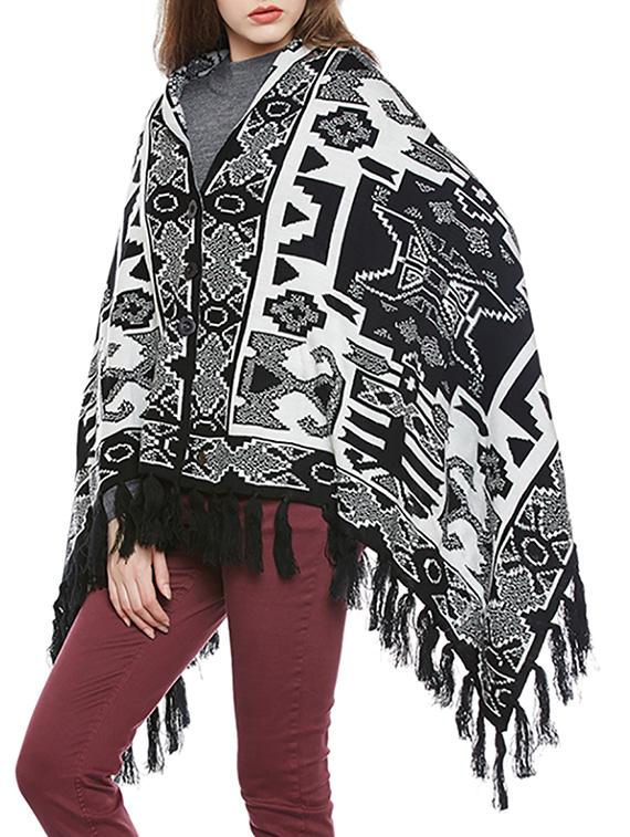 fringe hem printed woolen poncho - 14173127 - Zoom Image - 2