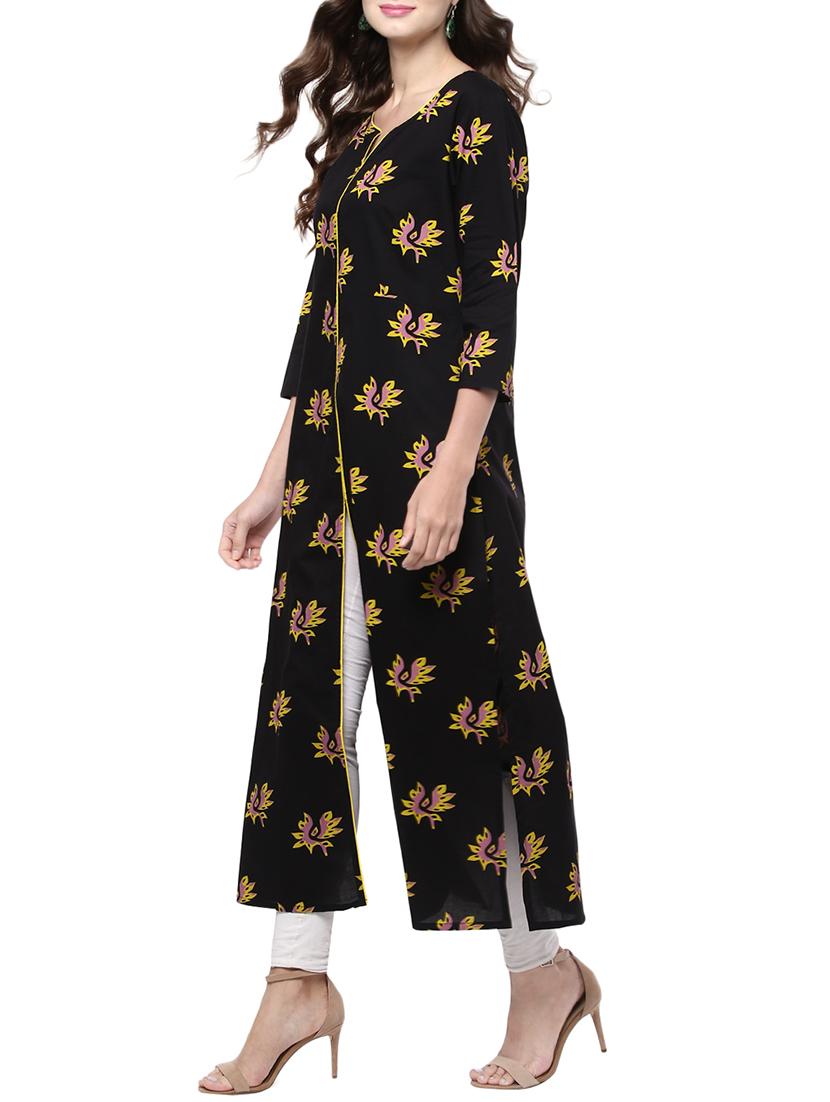 black cotton straight kurta - 14182827 - Zoom Image - 2