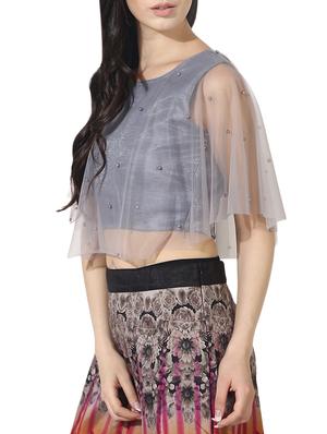 grey silk blend embroidered stitched blouse - 14191840 - Standard Image - 2