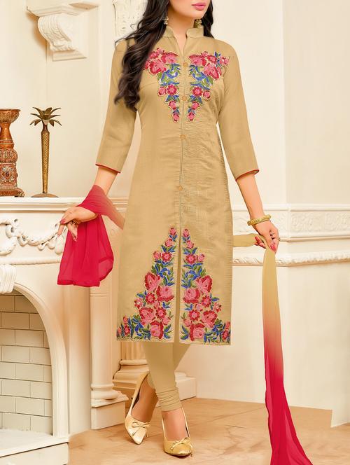beige churidaar suits dress material - 14192834 - Standard Image - 1